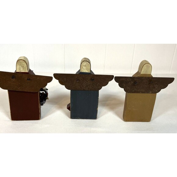 Set of 3 Wooden Folk Art Angels Primitive Christmas Holiday Decor Metal Wings - Picture 6 of 7